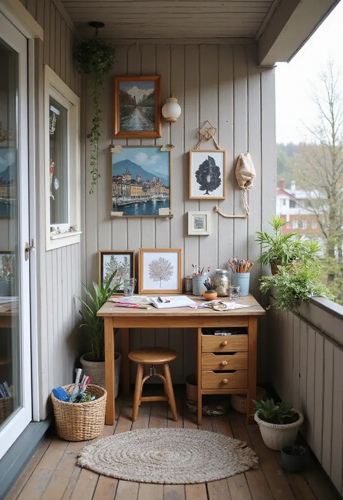25 Scandinavian Balcony Ideas for Peaceful Outdoor Living - 19. Personalized Art and Craft Corner