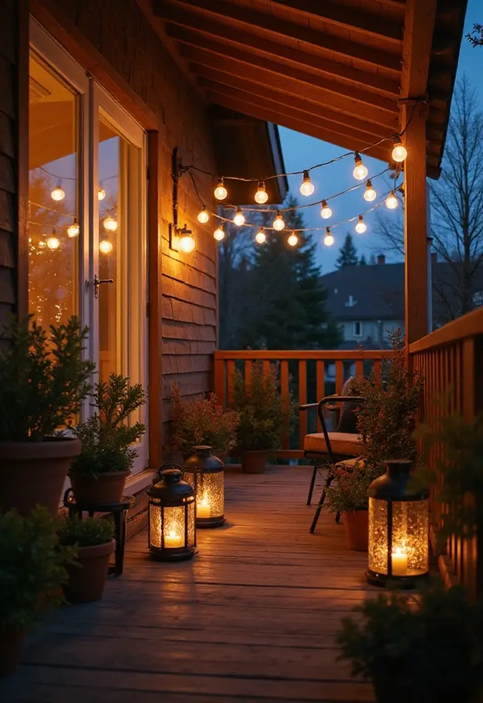 25 Scandinavian Balcony Ideas for Peaceful Outdoor Living - 4. Warm Lighting for Evening Ambiance