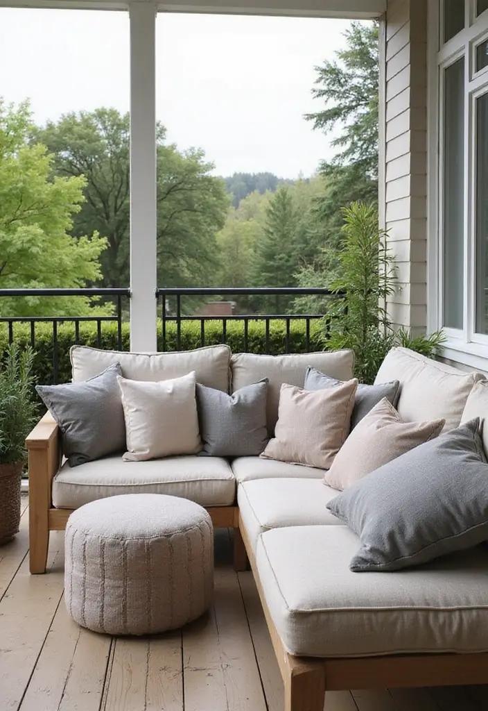25 Scandinavian Balcony Ideas for Peaceful Outdoor Living - 7. Comfy Outdoor Throw Pillows