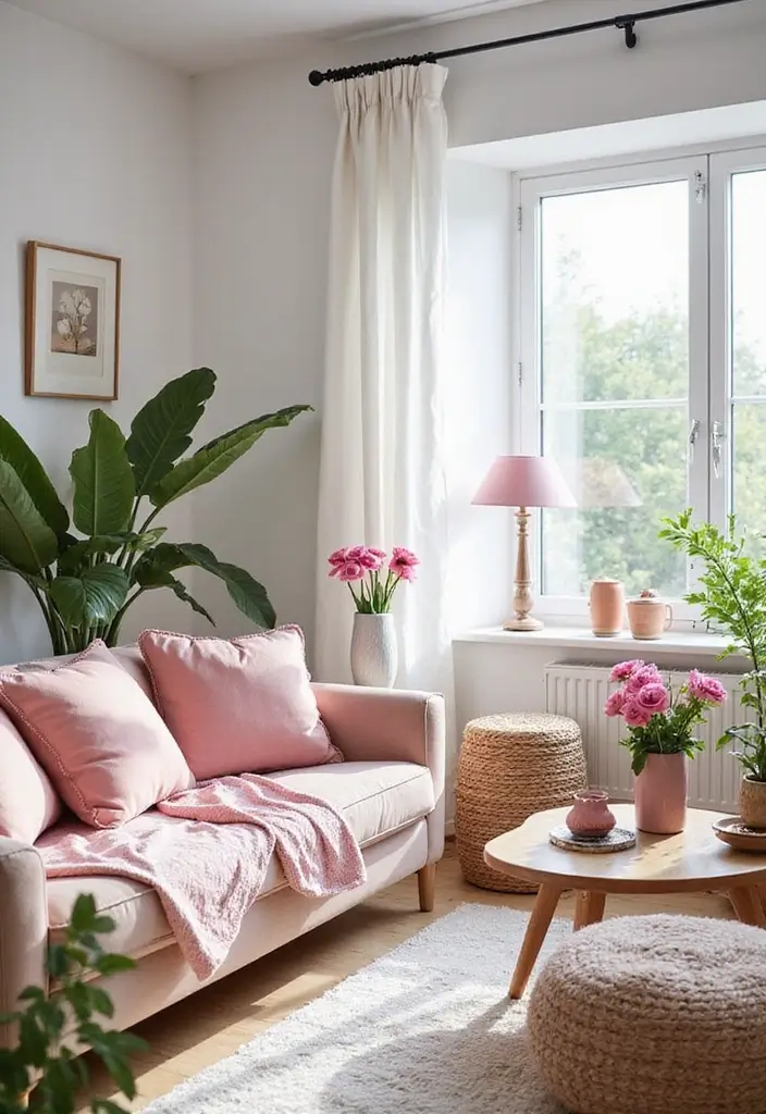 26 Pink Scandinavian Living Room Ideas for Soft Elegance 10 26 Pink Scandinavian Living Room Ideas for Soft Elegance - 10. Pink Plants and Flowers
