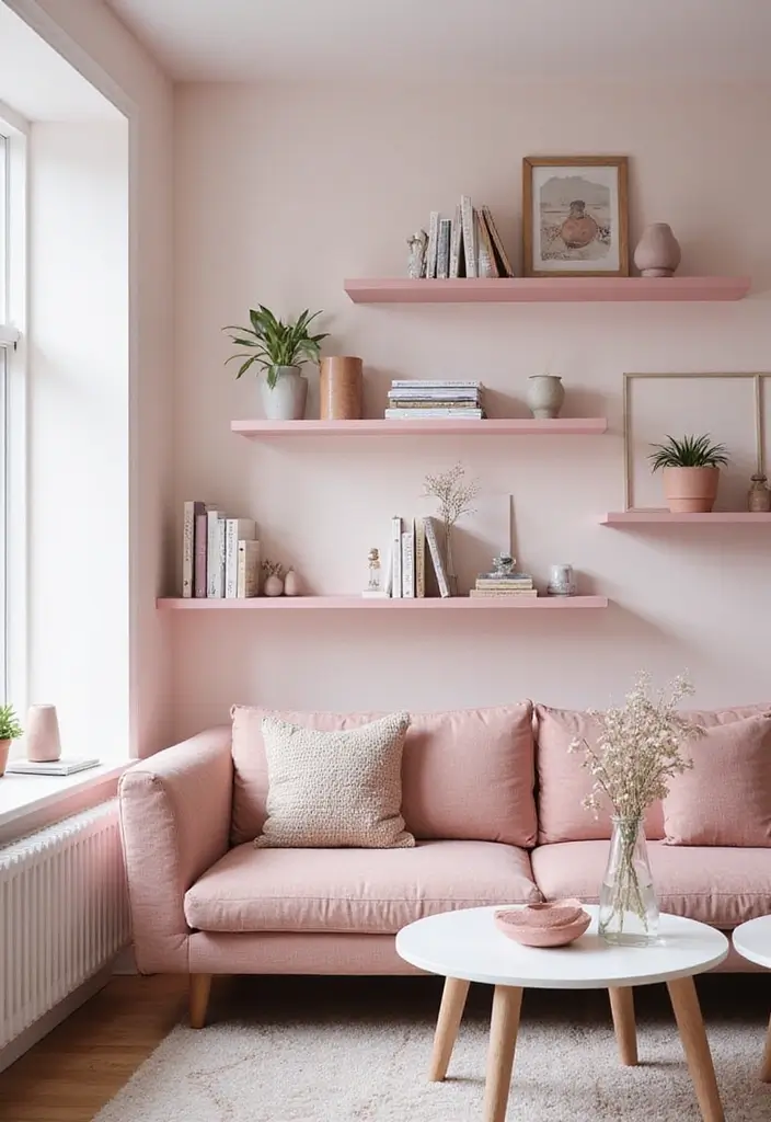 26 Pink Scandinavian Living Room Ideas for Soft Elegance 14 26 Pink Scandinavian Living Room Ideas for Soft Elegance - 14. Pink Wall Shelves