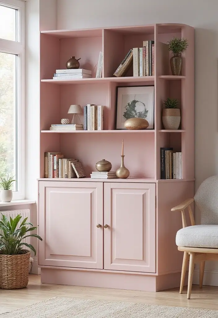 26 Pink Scandinavian Living Room Ideas for Soft Elegance 19 26 Pink Scandinavian Living Room Ideas for Soft Elegance - 19. Pink Bookcases