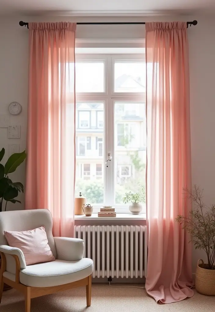 26 Pink Scandinavian Living Room Ideas for Soft Elegance 21 26 Pink Scandinavian Living Room Ideas for Soft Elegance - 21. Pink Window Treatments