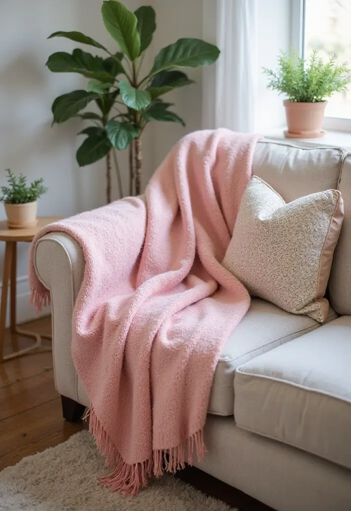26 Pink Scandinavian Living Room Ideas for Soft Elegance 25 26 Pink Scandinavian Living Room Ideas for Soft Elegance - 25. Pink Throw Blankets