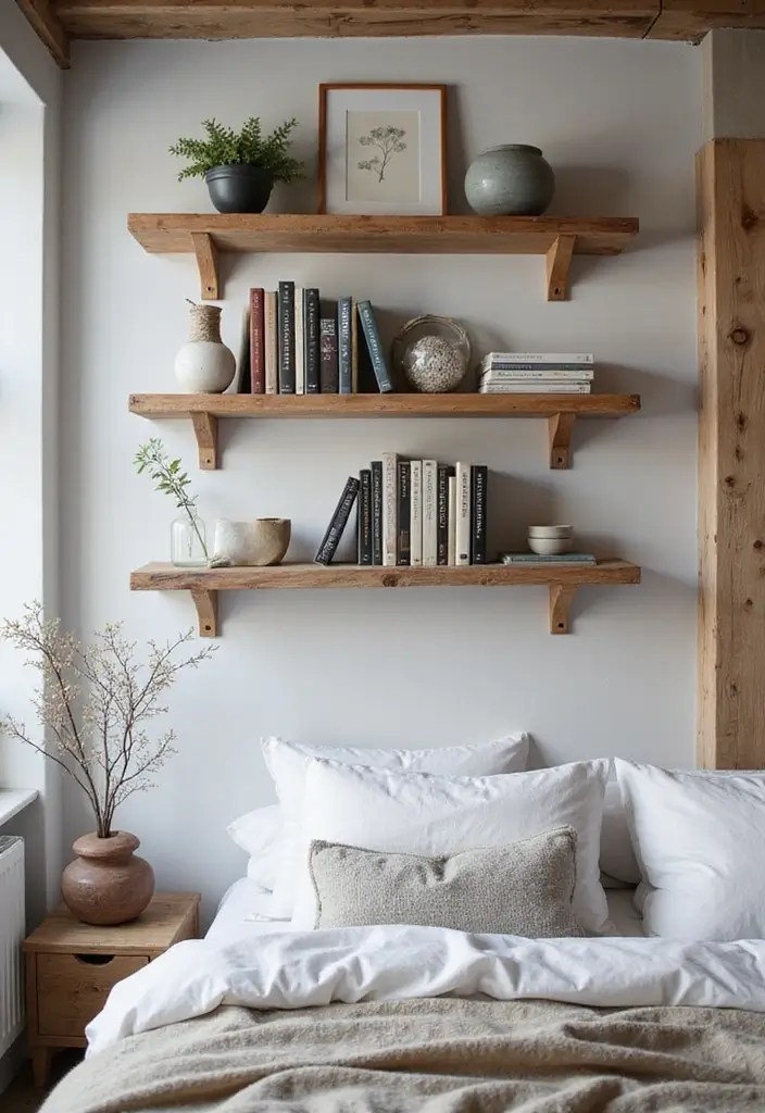 26 Rustic Scandinavian Bedroom Ideas for Cozy Nights 20 26 Rustic Scandinavian Bedroom Ideas for Cozy Nights - 20. Wall-mounted Shelves