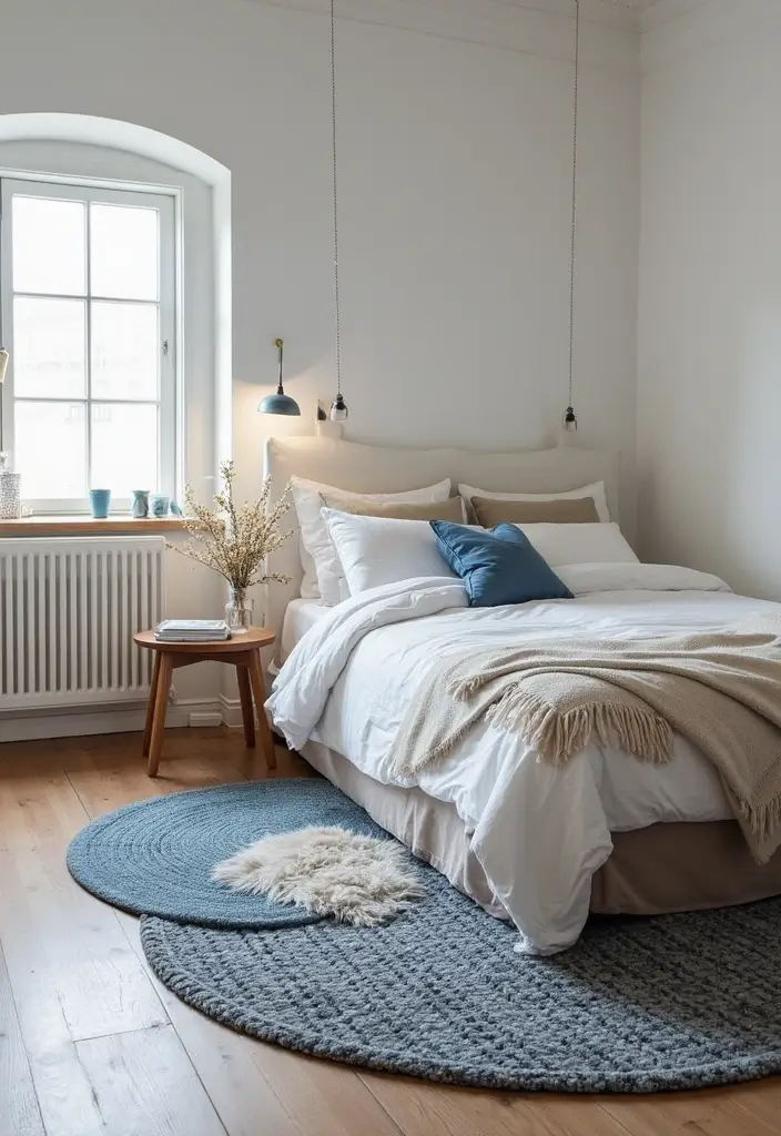 26 Scandinavian Blue Bedroom Ideas That Spark Tranquility 16 26 Scandinavian Blue Bedroom Ideas That Spark Tranquility - 16. Layered Rugs