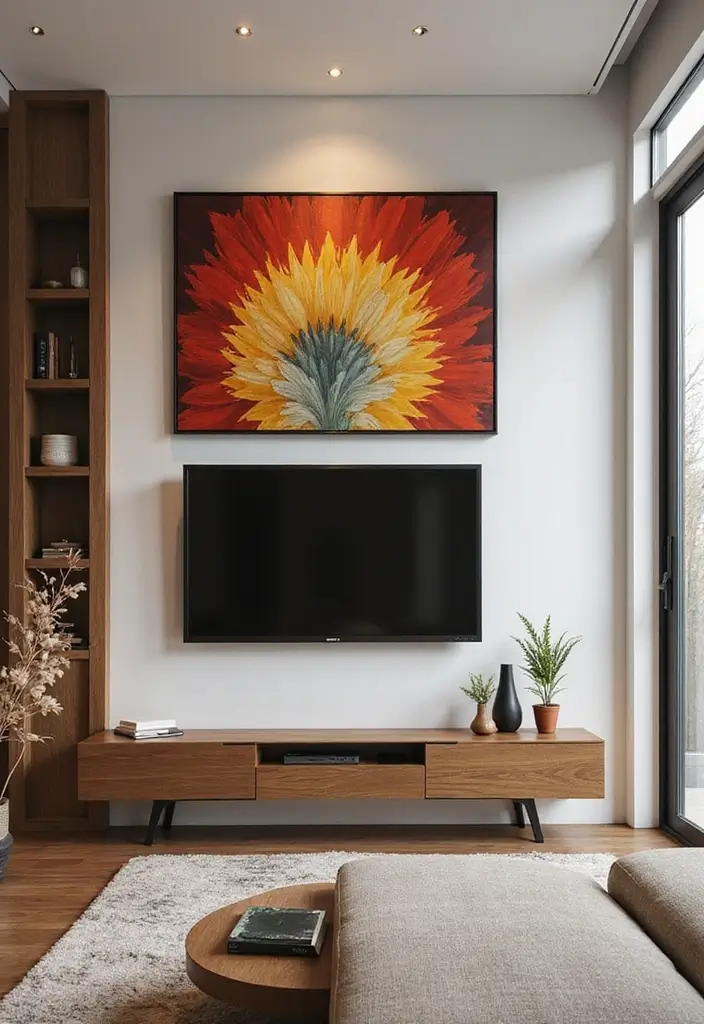 26 Scandinavian TV Wall Designs That Transform Your Space 11 26 Scandinavian TV Wall Designs That Transform Your Space - 11. Statement Art Pieces