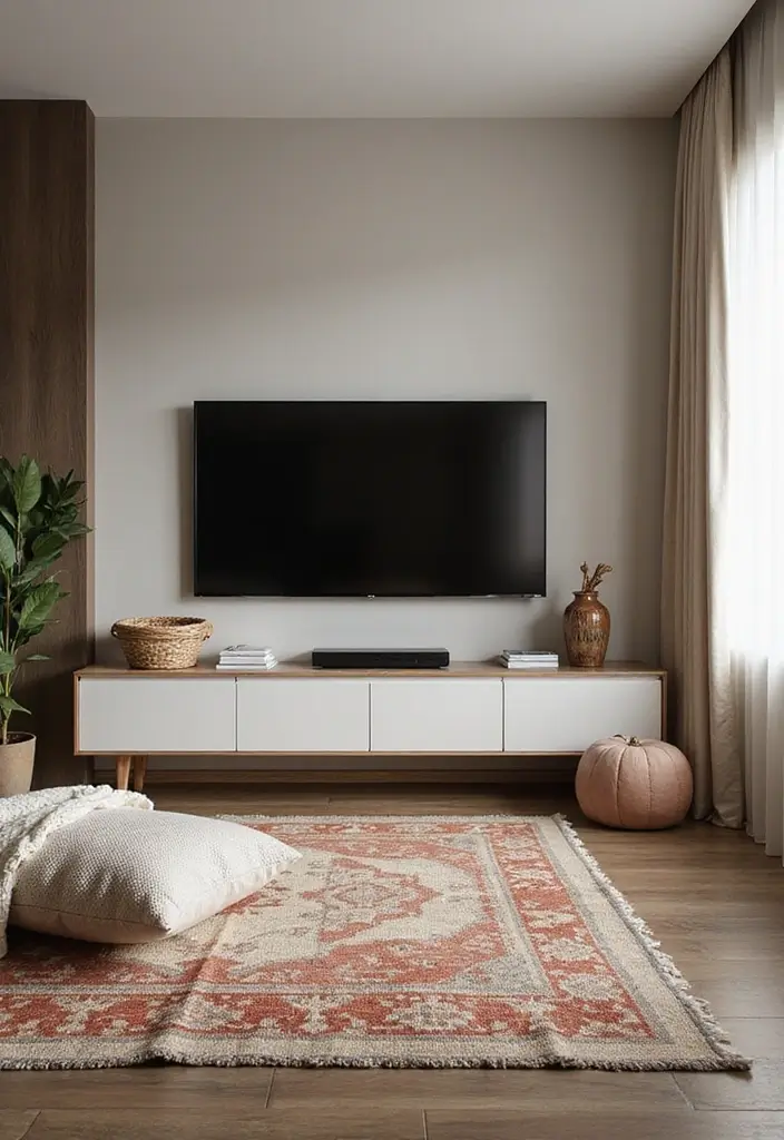 26 Scandinavian TV Wall Designs That Transform Your Space 15 26 Scandinavian TV Wall Designs That Transform Your Space - 15. Layered Textiles