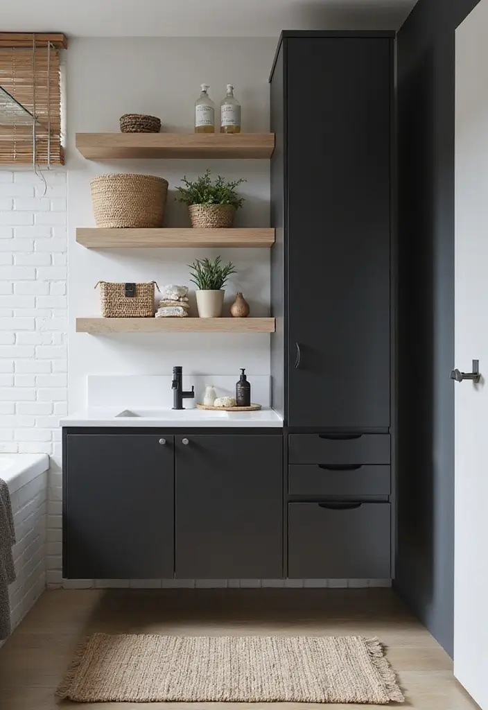 27 Dark Scandinavian Bathroom Ideas for a Bold Nordic Touch 11 27 Dark Scandinavian Bathroom Ideas for a Bold Nordic Touch - 11. Minimalist Storage Solutions to Reduce Clutter