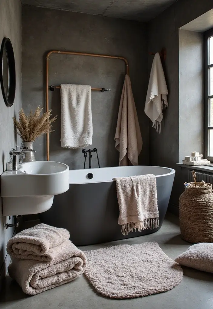 27 Dark Scandinavian Bathroom Ideas for a Bold Nordic Touch 13 27 Dark Scandinavian Bathroom Ideas for a Bold Nordic Touch - 13. Layering Textiles for Comfort