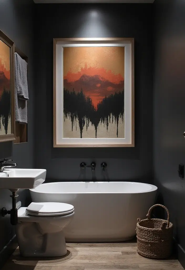 27 Dark Scandinavian Bathroom Ideas for a Bold Nordic Touch 9 27 Dark Scandinavian Bathroom Ideas for a Bold Nordic Touch - 9. Bold Artwork for a Statement Piece