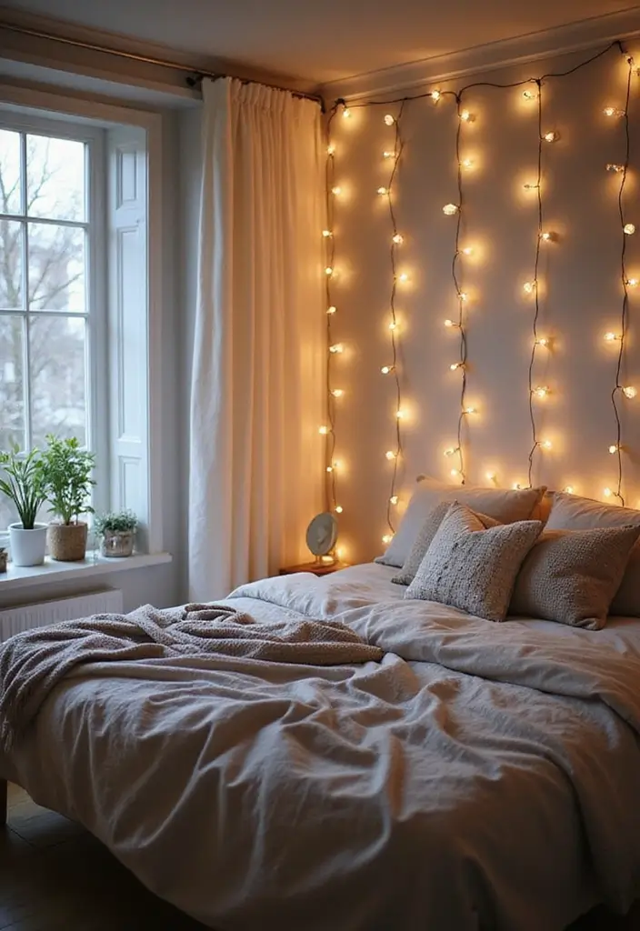 27 Scandinavian Bedroom Lighting Ideas for Calm Nights 11 27 Scandinavian Bedroom Lighting Ideas for Calm Nights - 11. Hanging String Lights