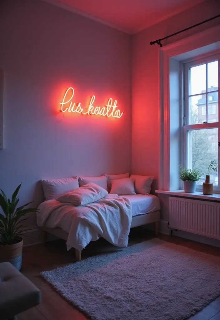 27 Scandinavian Bedroom Lighting Ideas for Calm Nights 21 27 Scandinavian Bedroom Lighting Ideas for Calm Nights - 21. Soft Neon Signs