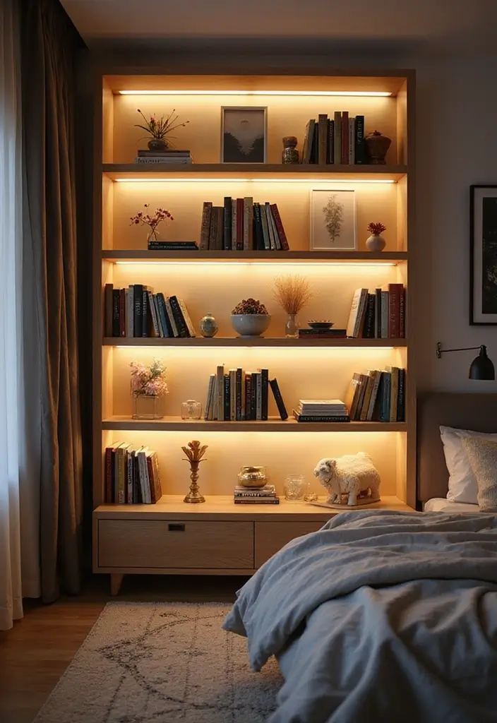 27 Scandinavian Bedroom Lighting Ideas for Calm Nights 24 27 Scandinavian Bedroom Lighting Ideas for Calm Nights - 24. Light-Up Bookshelves