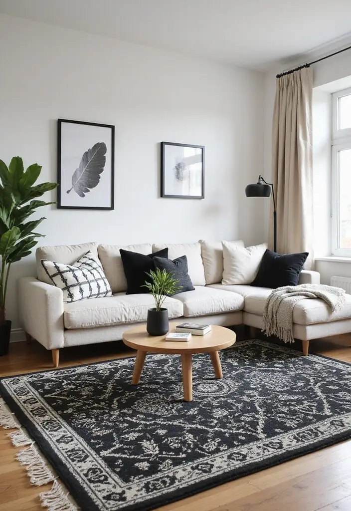 27 Scandinavian Black and White Ideas for a Classic Look 23 27 Scandinavian Black and White Ideas for a Classic Look - 23. Black and White Floor Art