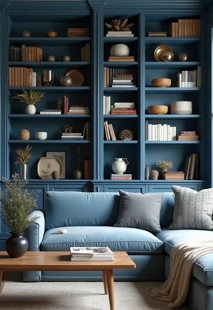 27 Scandinavian Blue Living Room Ideas for a Bold Nordic Vibe 21 27 Scandinavian Blue Living Room Ideas for a Bold Nordic Vibe - 21. Sophisticated Blue Bookcases