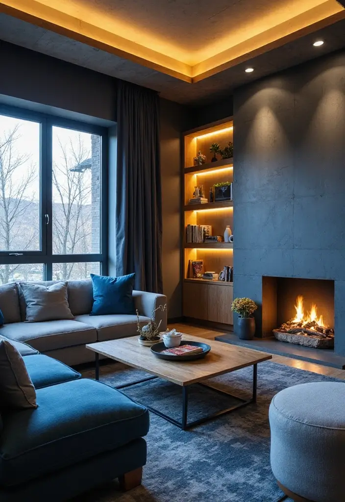 27 Scandinavian Blue Living Room Ideas for a Bold Nordic Vibe 23 27 Scandinavian Blue Living Room Ideas for a Bold Nordic Vibe - 23. Warm Accent Lighting