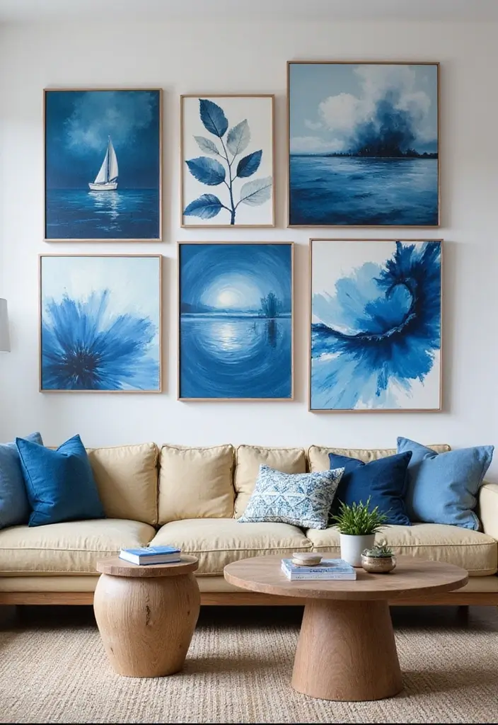 27 Scandinavian Blue Living Room Ideas for a Bold Nordic Vibe 5 27 Scandinavian Blue Living Room Ideas for a Bold Nordic Vibe - 5. Statement Art Pieces