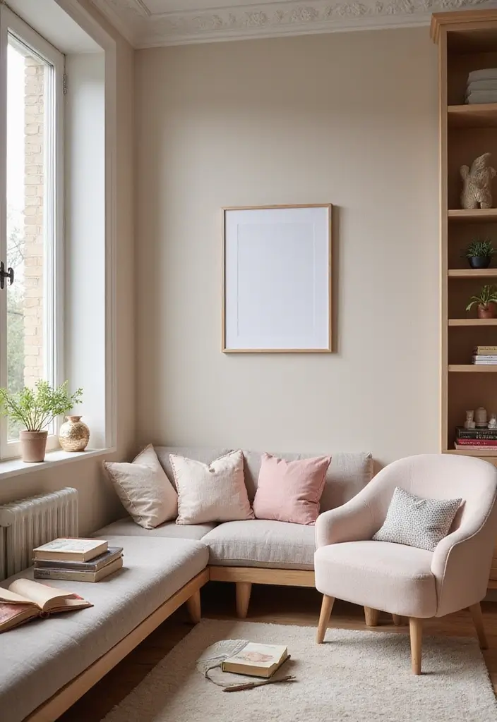 27 Scandinavian Reading Nook Designs That Spark Relaxation 17 27 Scandinavian Reading Nook Designs That Spark Relaxation - 17. Soft Color Palettes