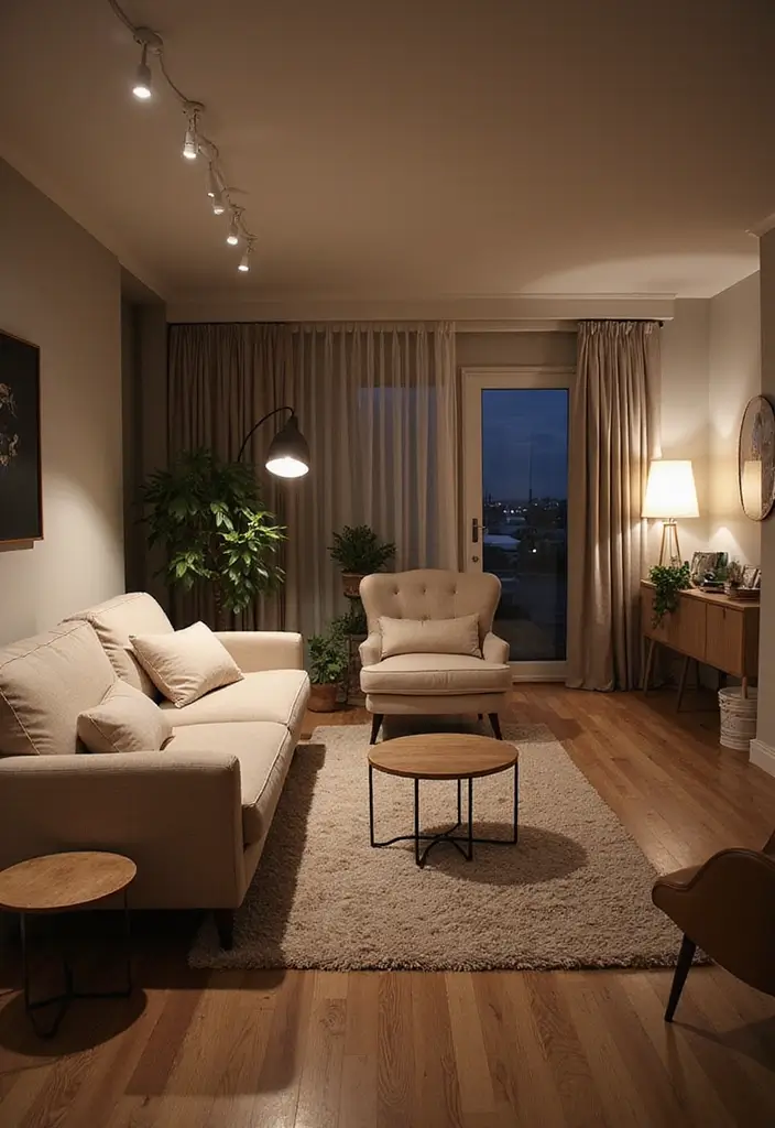 27 Small Scandinavian Living Room Designs That Feel Spacious 19 27 Small Scandinavian Living Room Designs That Feel Spacious - 19. Layered Lighting