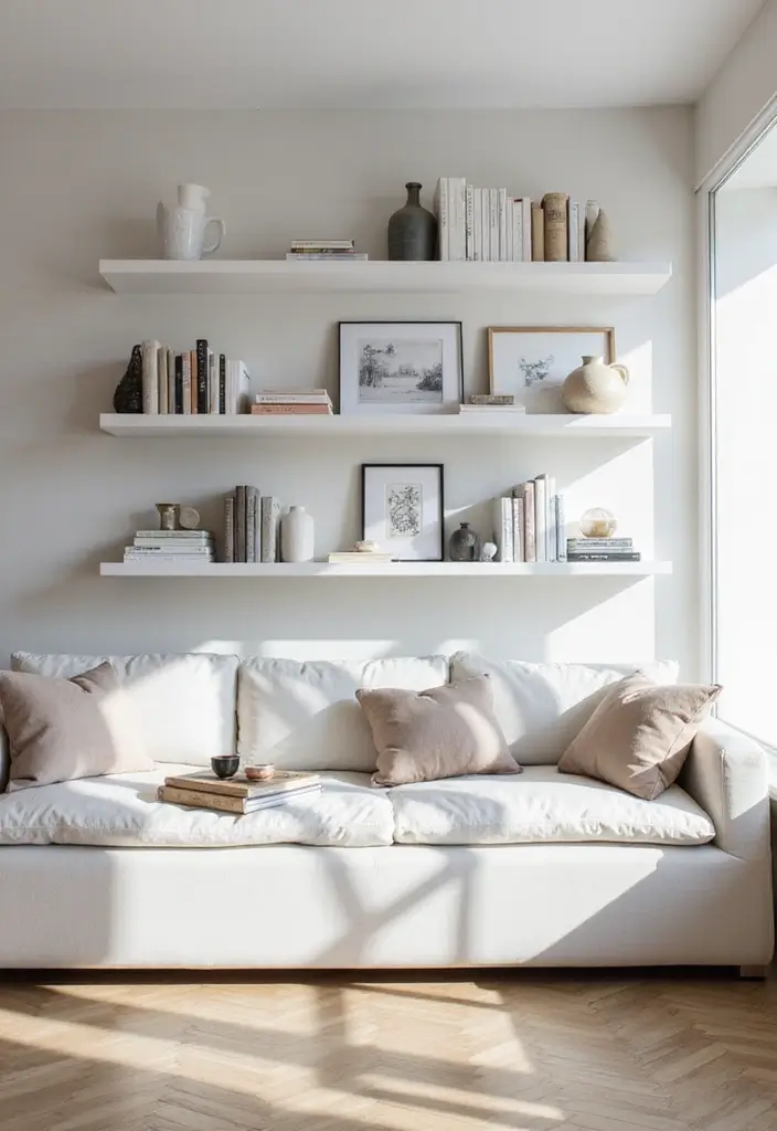 27 Small Scandinavian Living Room Designs That Feel Spacious 7 27 Small Scandinavian Living Room Designs That Feel Spacious - 7. Minimalist Shelving Solutions