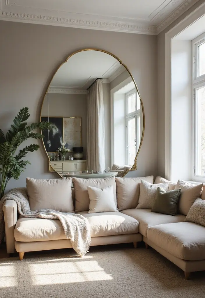 29 Grey Scandinavian Living Room Ideas for a Chic Aesthetic 19 29 Grey Scandinavian Living Room Ideas for a Chic Aesthetic - 19. Incorporating Mirrors