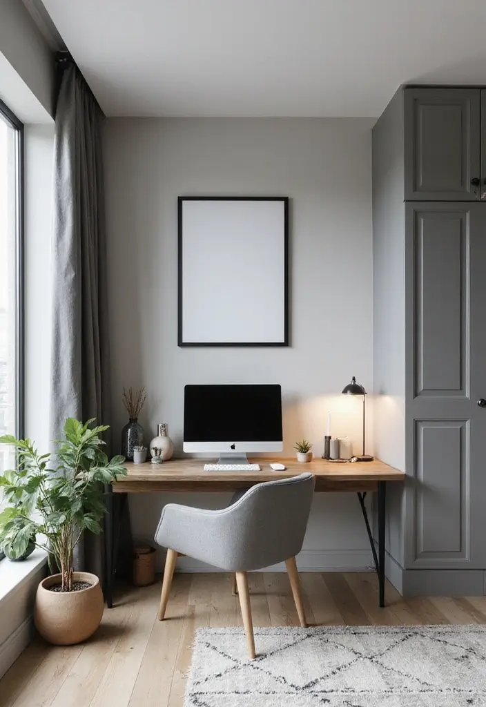 29 Grey Scandinavian Living Room Ideas for a Chic Aesthetic 21 29 Grey Scandinavian Living Room Ideas for a Chic Aesthetic - 21. Incorporating Home Office Space