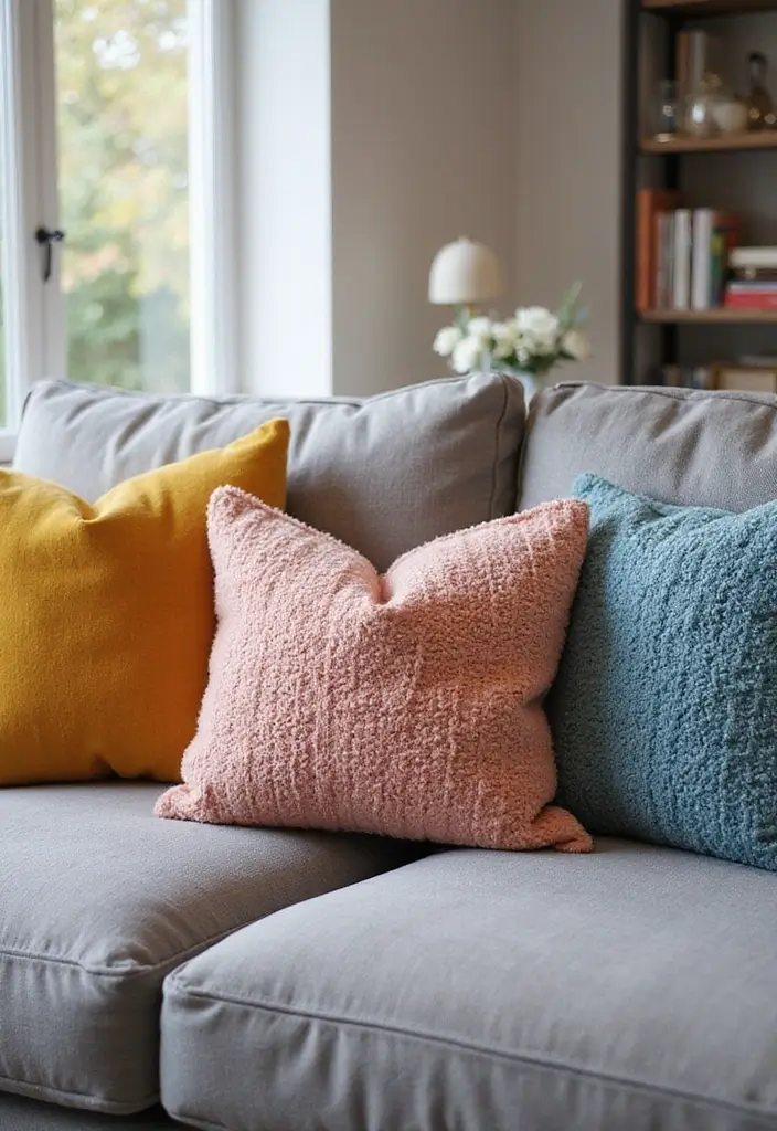 29 Grey Scandinavian Living Room Ideas for a Chic Aesthetic 27 29 Grey Scandinavian Living Room Ideas for a Chic Aesthetic - 27. Colorful Textured Pillows