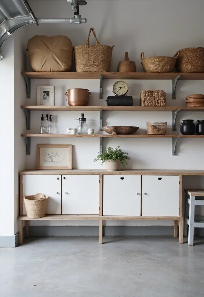 29 Scandinavian Garage Designs That Balance Function and Style 21 29 Scandinavian Garage Designs That Balance Function and Style - 21. Open Shelving: Aesthetic Appeal and Functionality