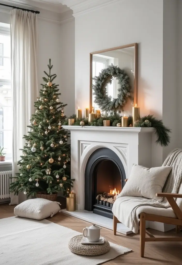 30+ Scandinavian Christmas Mantle Ideas That Feel Magical 19 30+ Scandinavian Christmas Mantle Ideas That Feel Magical - 19. Reflective Surfaces