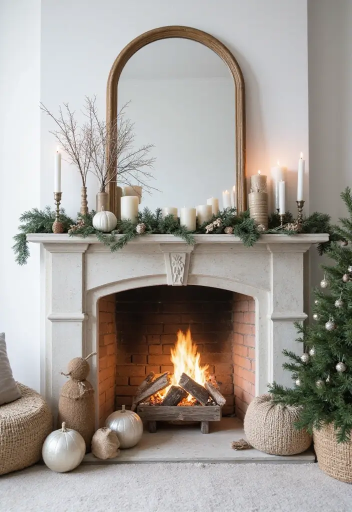30+ Scandinavian Christmas Mantle Ideas That Feel Magical 28 30+ Scandinavian Christmas Mantle Ideas That Feel Magical - 28. Layered Mirror Decor
