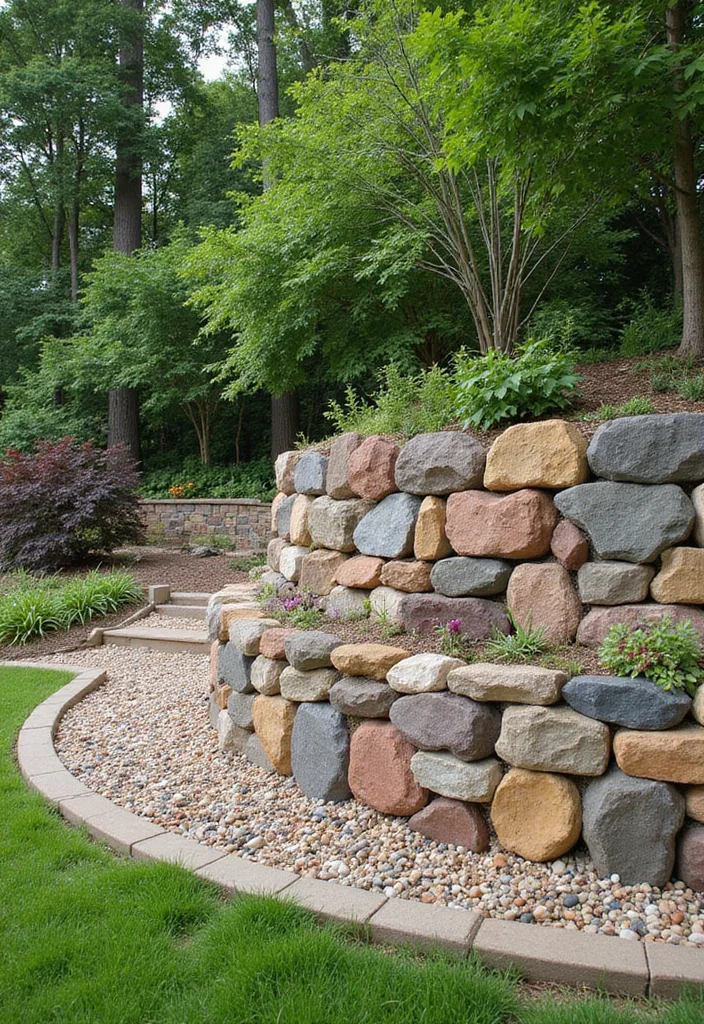 10 Backyard Block Wall Ideas for Clean Solid Structure - 6. Gabion Walls for a Unique Twist