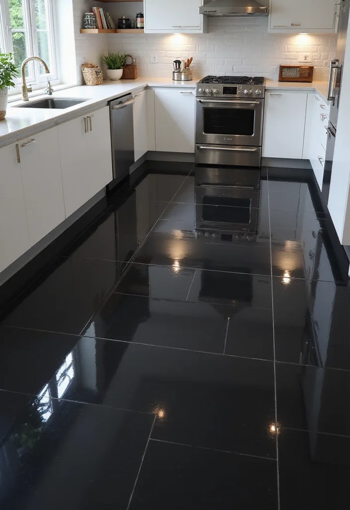 10 Black Floor Kitchen Ideas for Sleek Modern Contrast - 1. Glossy Black Tiles for a Polished Look