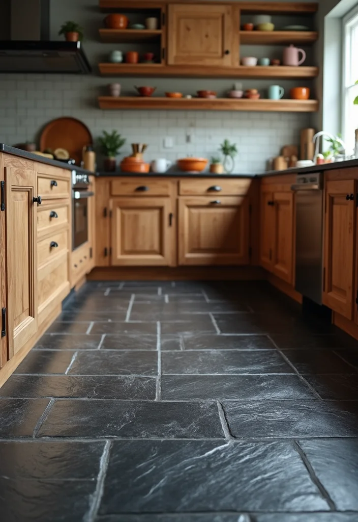 10 Black Floor Kitchen Ideas for Sleek Modern Contrast - 2. Textured Black Stone for a Rustic Touch