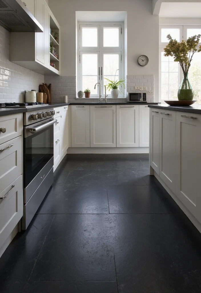 10 Black Floor Kitchen Ideas for Sleek Modern Contrast - 3. Sleek Black Vinyl for Budget-Friendly Elegance