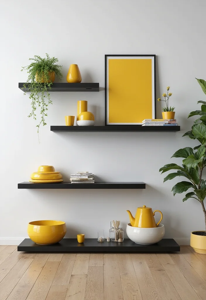 10 Black and Yellow Living Room Ideas for Vibrant Contrast 67 10 Black and Yellow Living Room Ideas for Vibrant Contrast - 7. Minimalist Shelving