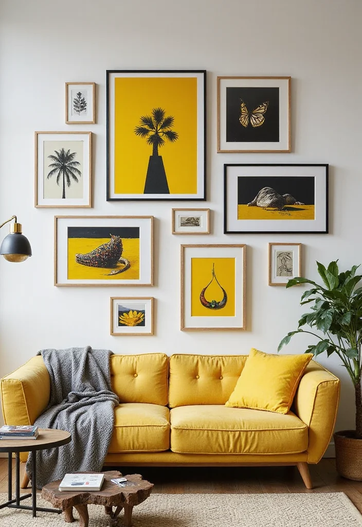 10 Black and Yellow Living Room Ideas for Vibrant Contrast 89 10 Black and Yellow Living Room Ideas for Vibrant Contrast - 9. Create a Gallery Wall