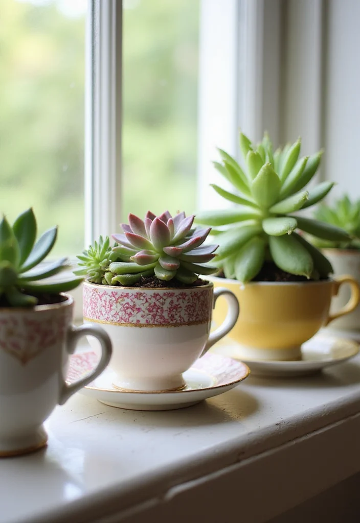 10 Kitchen Window Sill Ideas for Decor and Mini Storage - 3. Vintage Teacup Planters