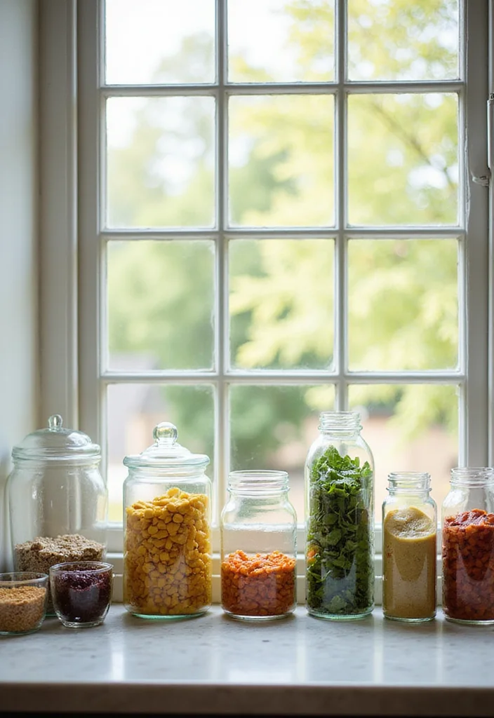 10 Kitchen Window Sill Ideas for Decor and Mini Storage - 6. Stylish Glass Containers for Organization