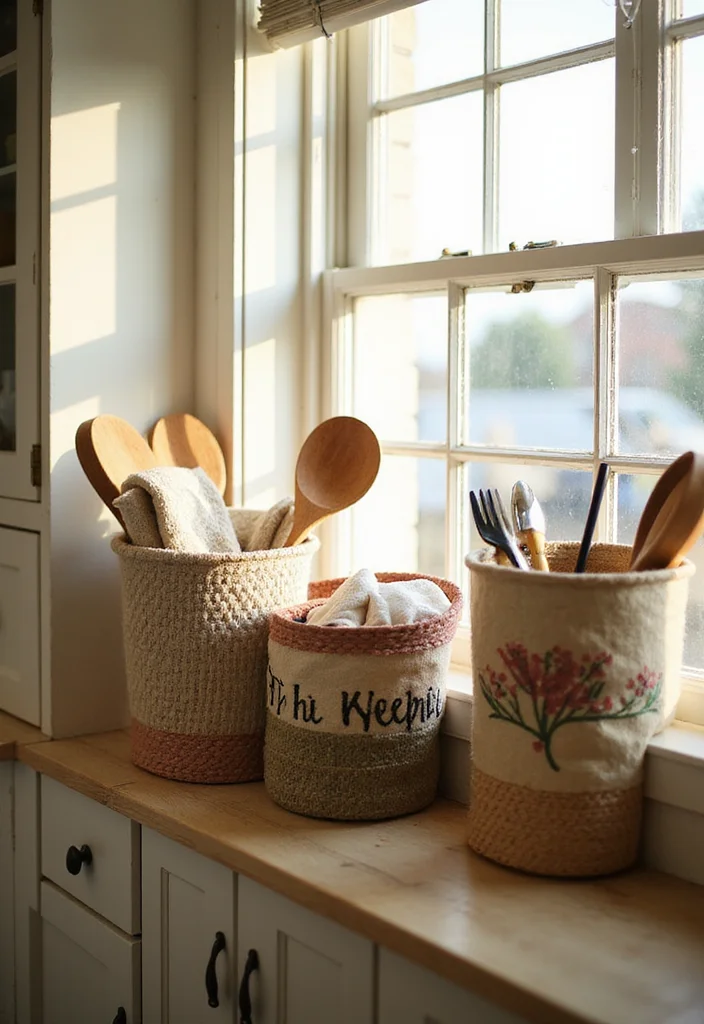 10 Kitchen Window Sill Ideas for Decor and Mini Storage - 7. Fabric Baskets for Textured Storage