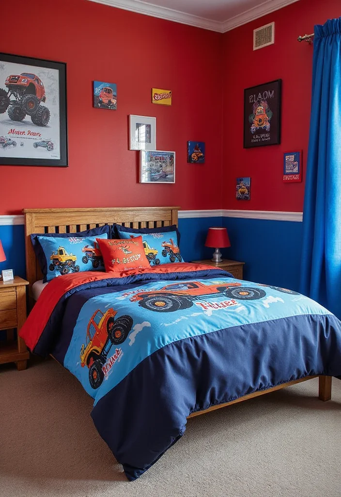 10 Monster Truck Bedroom Ideas with Fun Bold Themes - 1. Bold Color Schemes: Red and Blue Delight