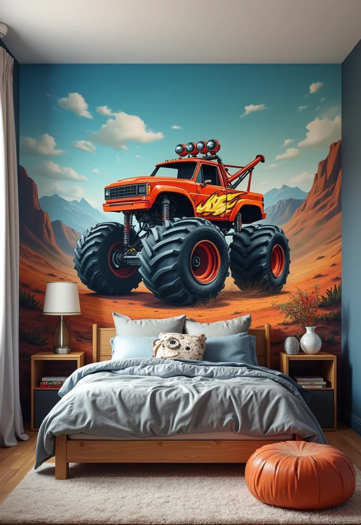 10 Monster Truck Bedroom Ideas with Fun Bold Themes - 3. Adventure Wall Murals: Epic Scenes