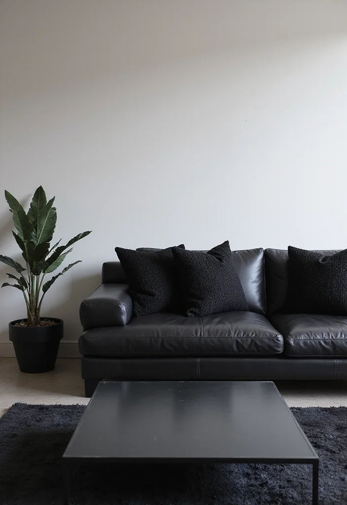 12 All Black Living Room Ideas for Bold Minimal Drama - 1. Sleek Leather Sofa with Minimalist Lines