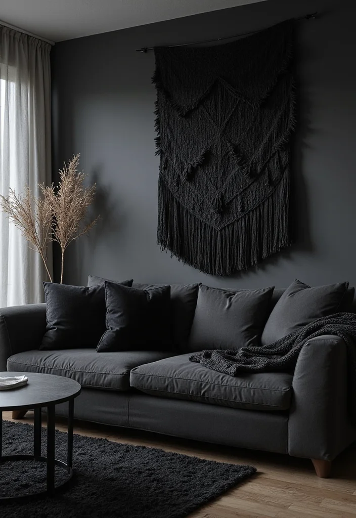 12 All Black Living Room Ideas for Bold Minimal Drama - 2. Layered Textiles for Depth and Interest