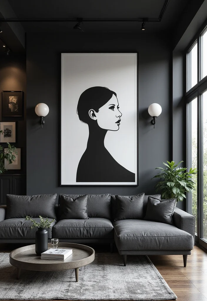 12 All Black Living Room Ideas for Bold Minimal Drama - 3. Statement Wall Art with Drama