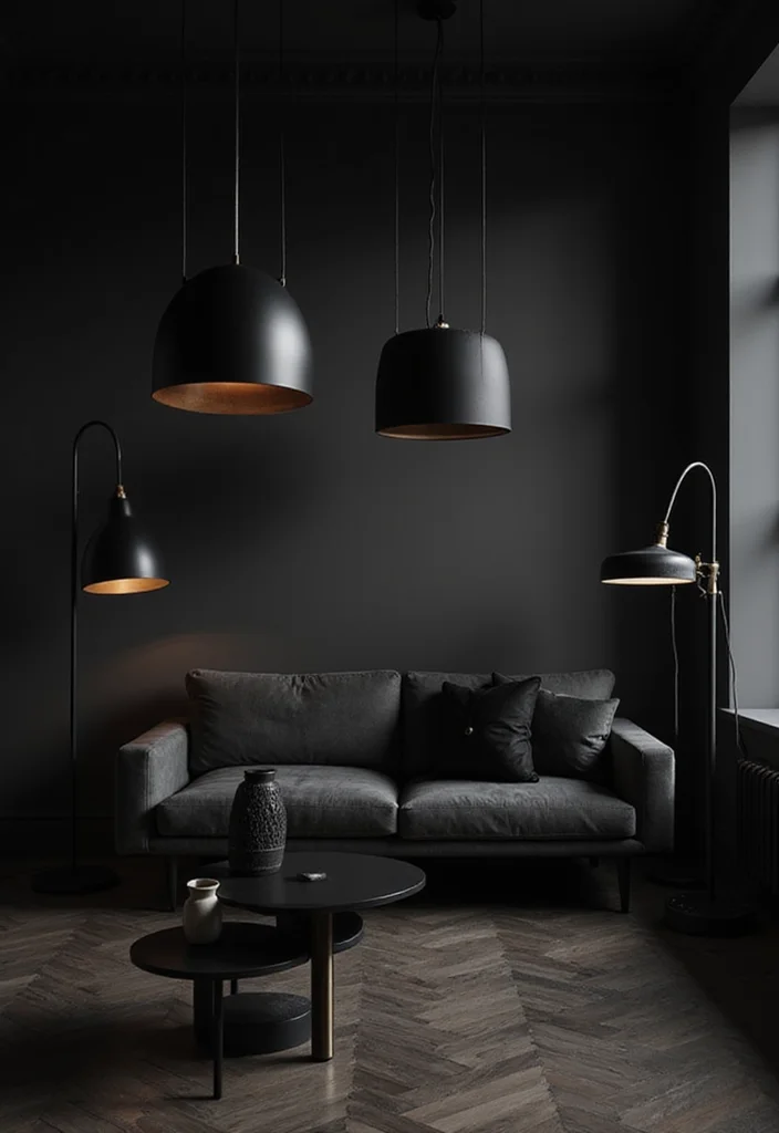 12 All Black Living Room Ideas for Bold Minimal Drama - 4. Monochromatic Lighting Fixtures