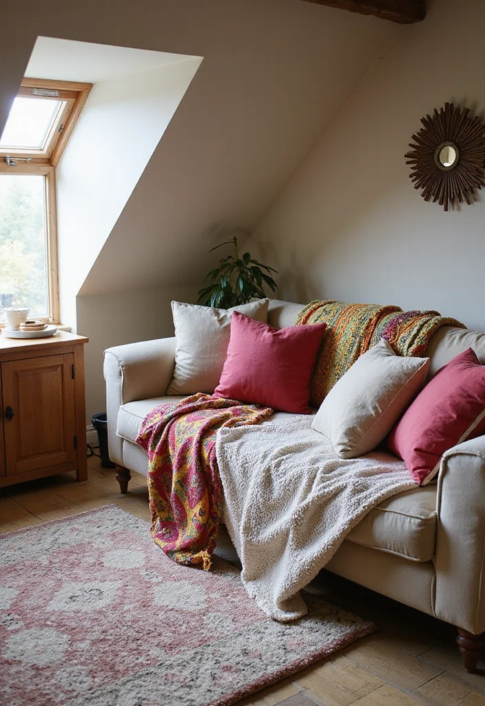 12 Attic Living Room Ideas for Smart Cozy Layouts - 6. Layered Textiles for Comfort