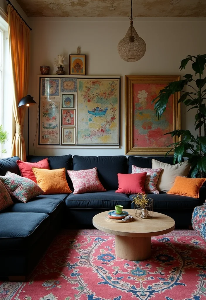 12 Black Sectional Living Room Ideas for Sleek Spacious Seating - 10. Eclectic Bohemian Vibes