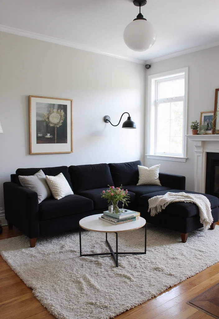 12 Black Sectional Living Room Ideas for Sleek Spacious Seating - 12. Transitional Balance