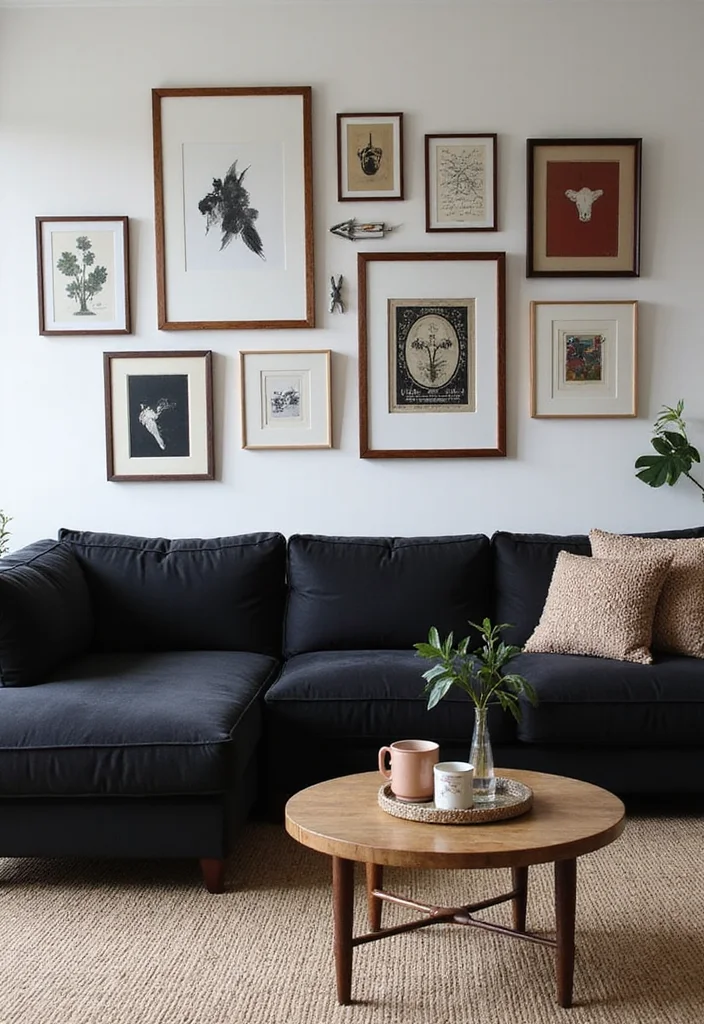 12 Black Sectional Living Room Ideas for Sleek Spacious Seating - 6. Artful Gallery Wall